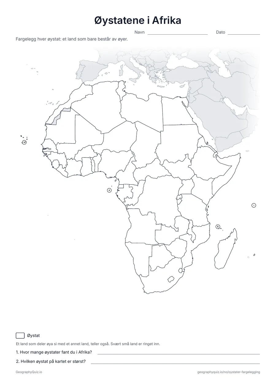 Forhåndsvisning av arbeidsarket «Øystatene i Afrika» til utskrift: Et stumt kart over Afrika; øystatene i Atlanterhavet og Indiahavet er ringet inn