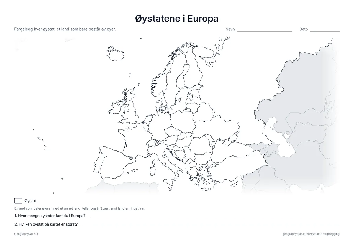 Forhåndsvisning av arbeidsarket «Øystatene i Europa» til utskrift: Et stumt kart over Europa der øystatene skal fargelegges, fra Island til Kypros