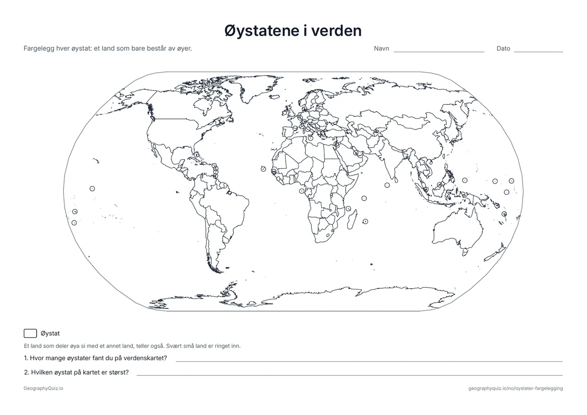 Forhåndsvisning av arbeidsarket: stumt kart – Øystater
