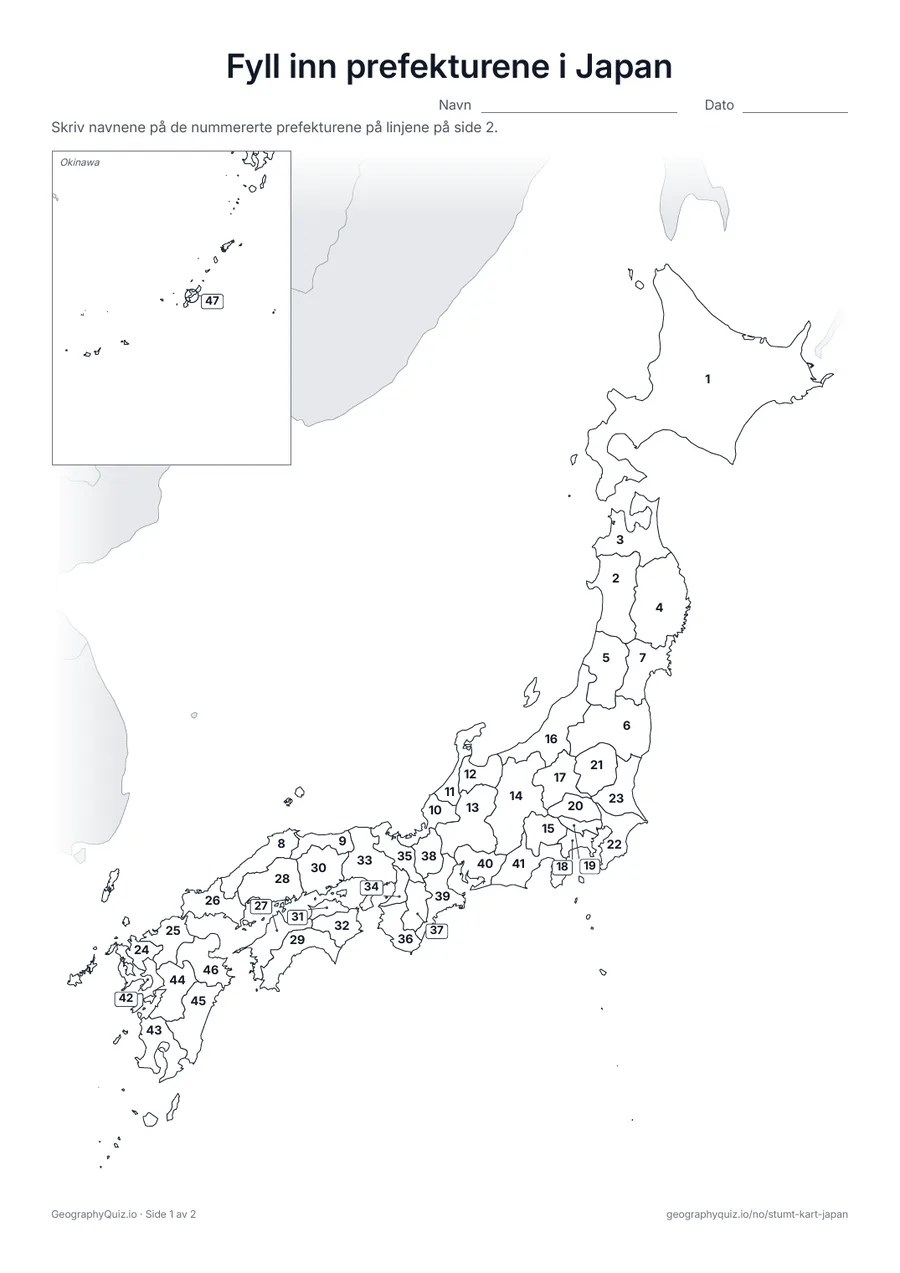 Forhåndsvisning av arbeidsarket «Fyll inn prefekturene i Japan» til utskrift: Alle 47 prefekturer er nummerert