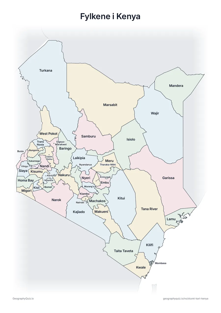 Forhåndsvisning av arbeidsarket «Fylkene i Kenya» til utskrift: Et kart over Kenya med alle navnene skrevet ut – et oversiktsark til undervisningen og til å rette svarene