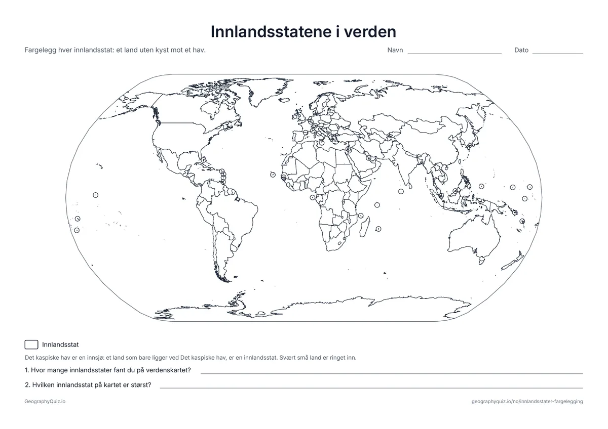 Forhåndsvisning av arbeidsarket: stumt kart – Innlandsstater