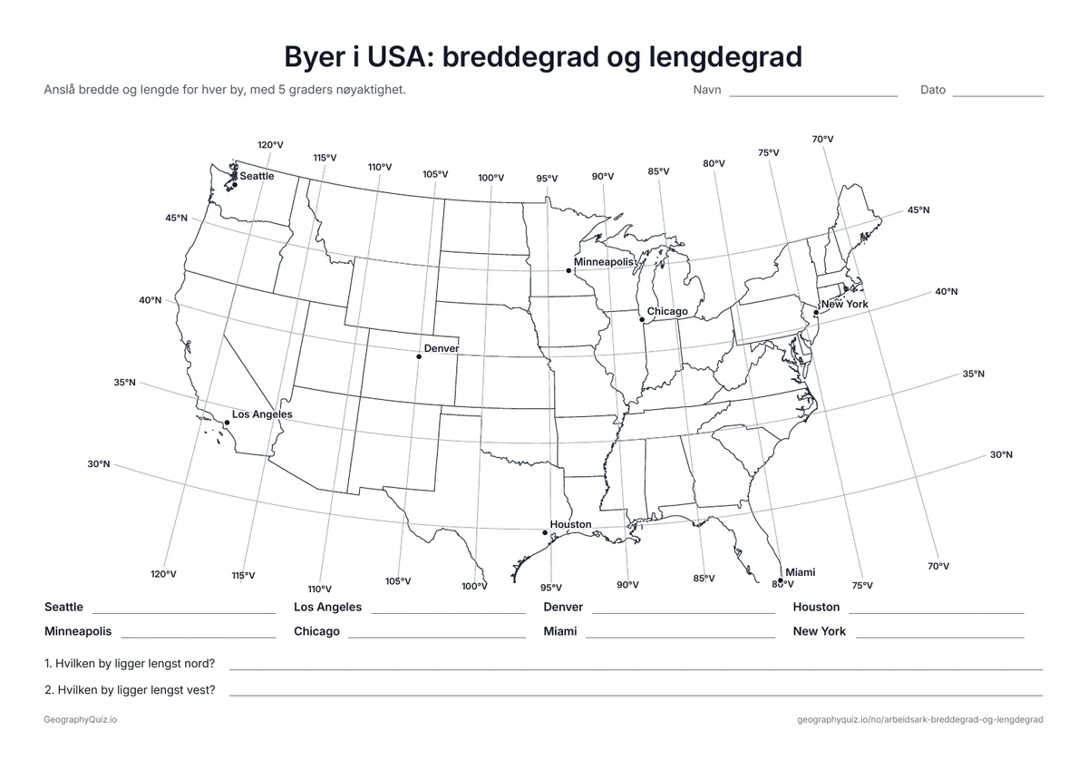 Forhåndsvisning av arbeidsarket «Byer i USA: breddegrad og lengdegrad» til utskrift: Et kart over de 48 sammenhengende delstatene med linjer for hver 5