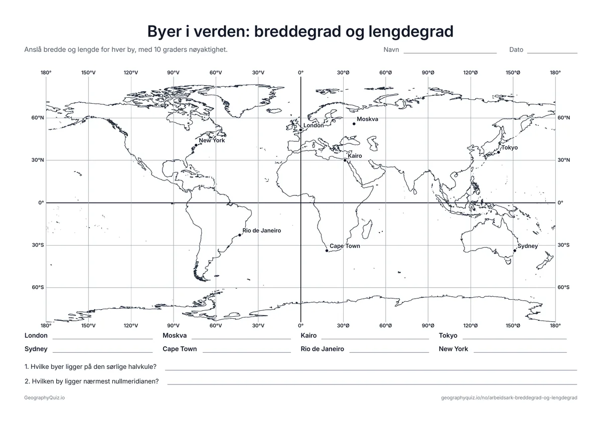 Forhåndsvisning av arbeidsarket «Byer i verden: breddegrad og lengdegrad» til utskrift: Åtte byer i verden i et gradnett med 30 grader mellom linjene