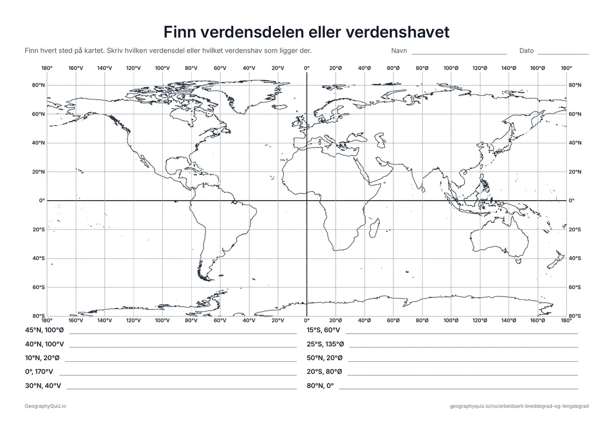 Forhåndsvisning av arbeidsarket «Finn verdensdelen eller verdenshavet» til utskrift: Ti koordinater i et gradnett med 20 grader mellom linjene