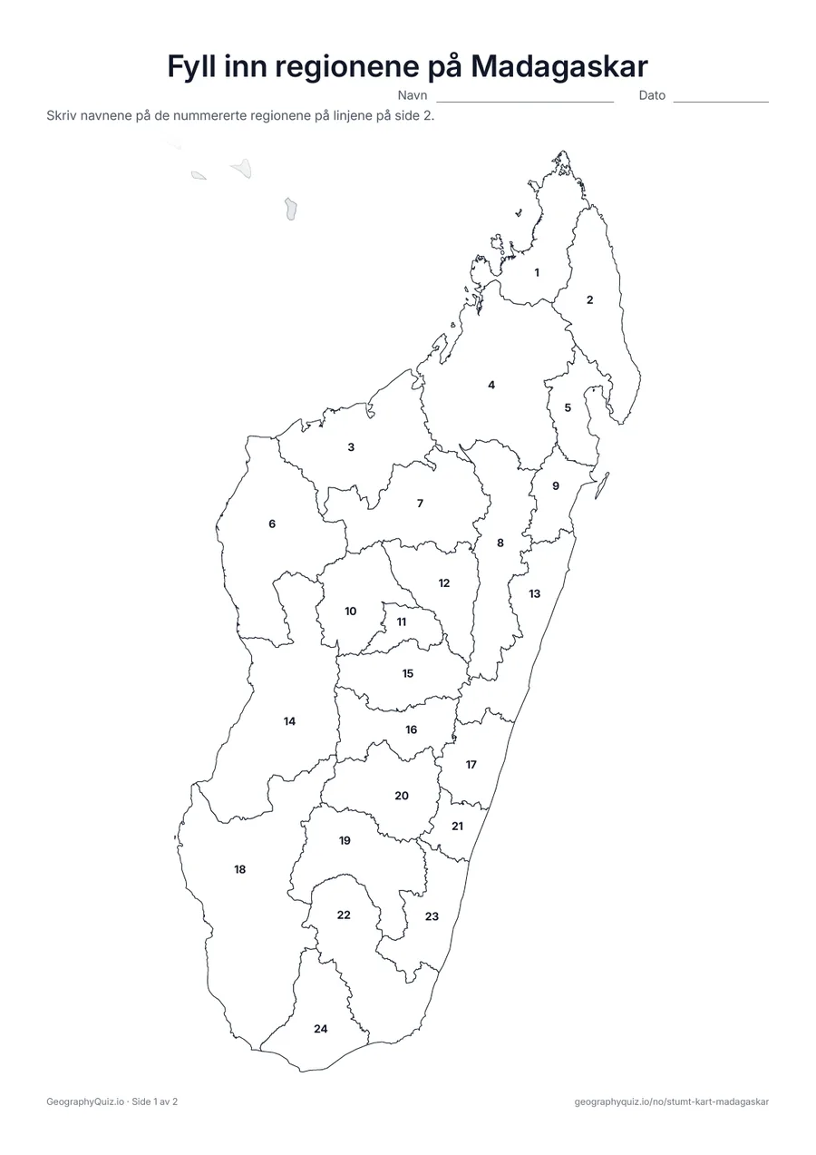 Forhåndsvisning av arbeidsarket «Fyll inn regionene på Madagaskar» til utskrift: Alle 24 regioner er nummerert