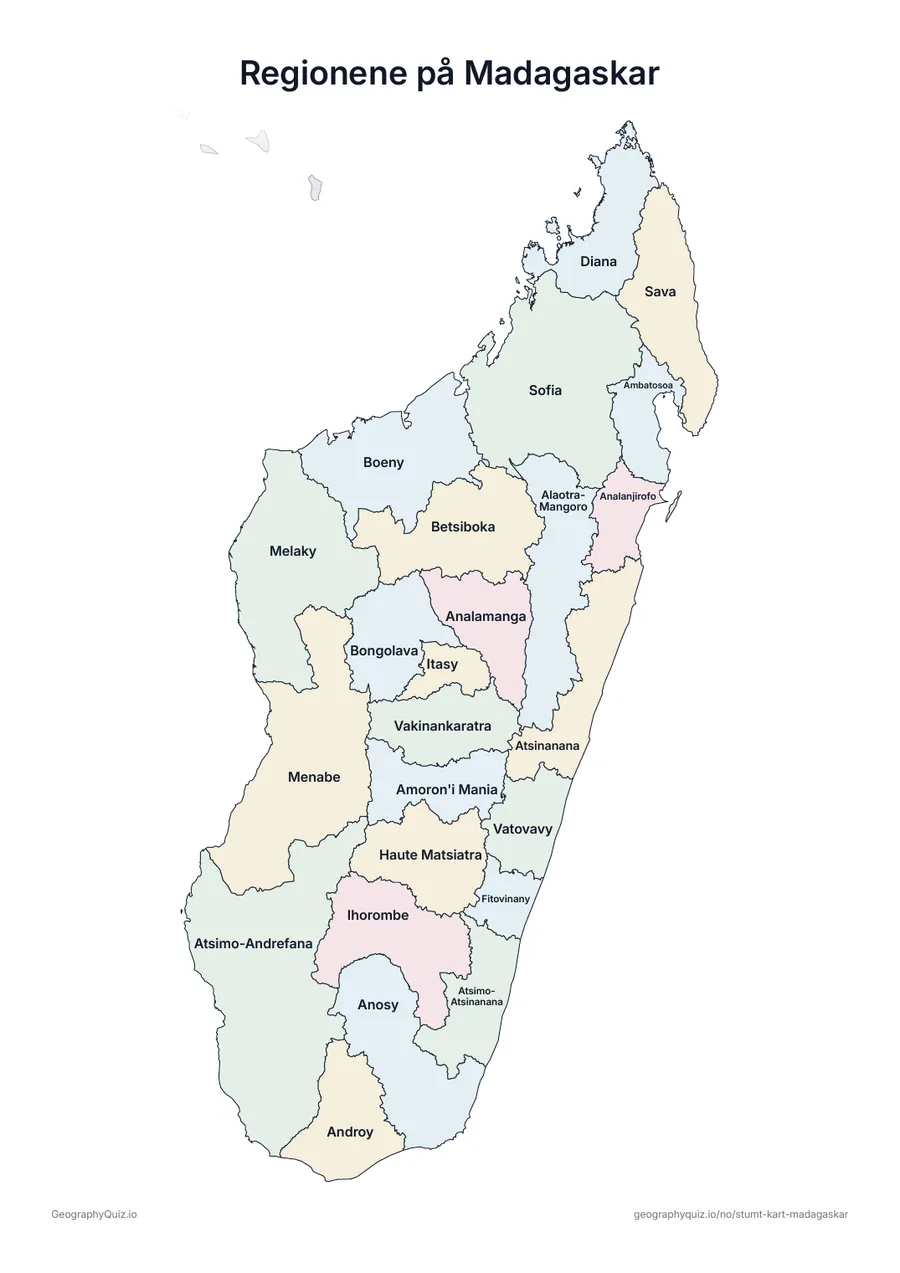 Forhåndsvisning av arbeidsarket «Regionene på Madagaskar» til utskrift: Et kart over Madagaskar med alle navnene skrevet ut – et oversiktsark til undervisningen og til å rette svarene