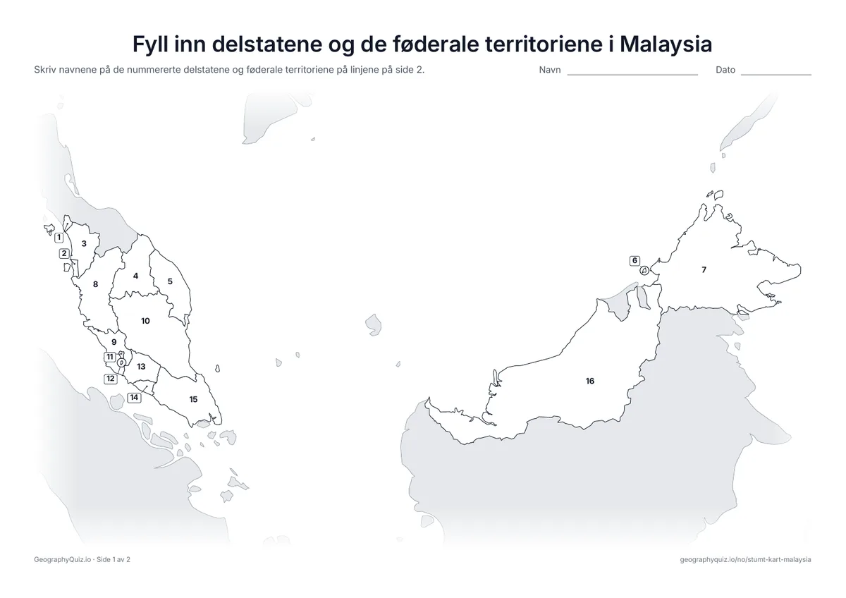 Forhåndsvisning av arbeidsarket «Fyll inn delstatene og de føderale territoriene i Malaysia» til utskrift: Alle 13 delstater og 3 føderale territorier er nummerert