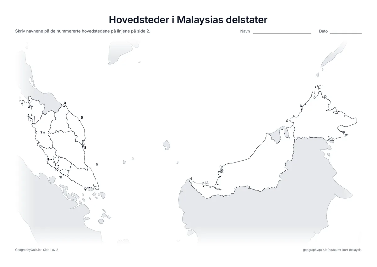 Forhåndsvisning av arbeidsarket «Hovedsteder i Malaysias delstater» til utskrift: Hovedstaden i hver av de 13 delstatene er markert med et nummerert punkt