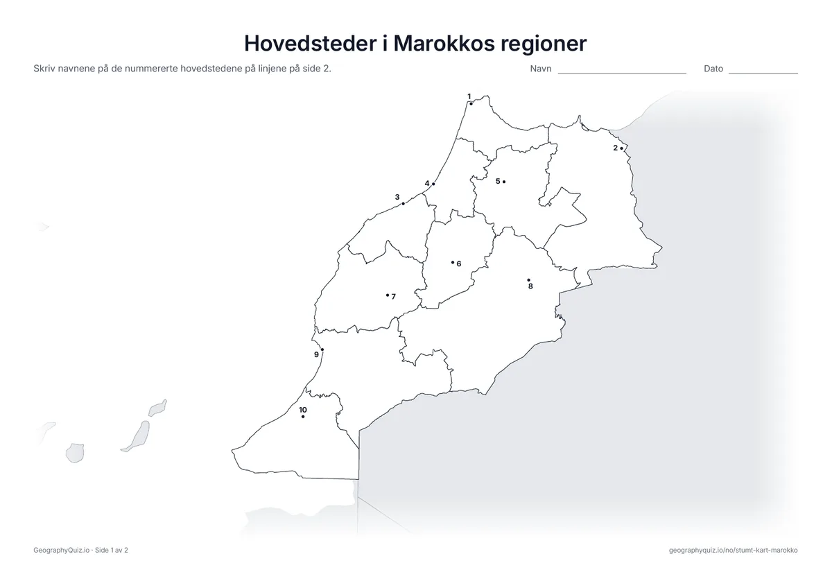Forhåndsvisning av arbeidsarket «Hovedsteder i Marokkos regioner» til utskrift: Hver hovedstad er markert med et nummerert punkt