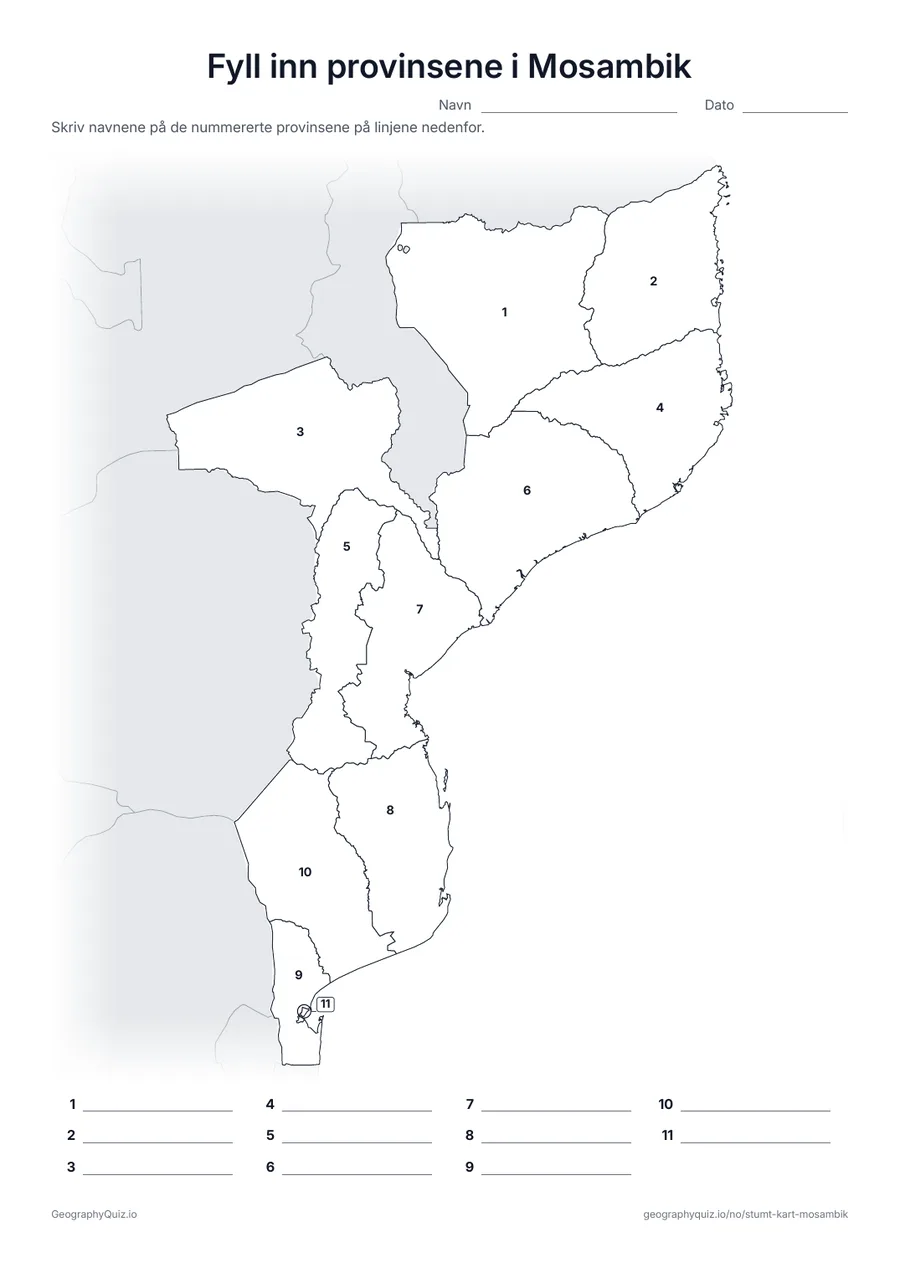 Forhåndsvisning av arbeidsarket «Fyll inn provinsene i Mosambik» til utskrift: Alle 10 provinser og byen Maputo er nummerert