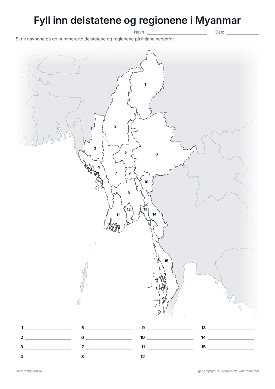 Forhåndsvisning av arbeidsarket «Fyll inn delstatene og regionene i Myanmar» til utskrift: Alle 7 delstater, 7 regioner og unionsterritoriet Naypyidaw er nummerert