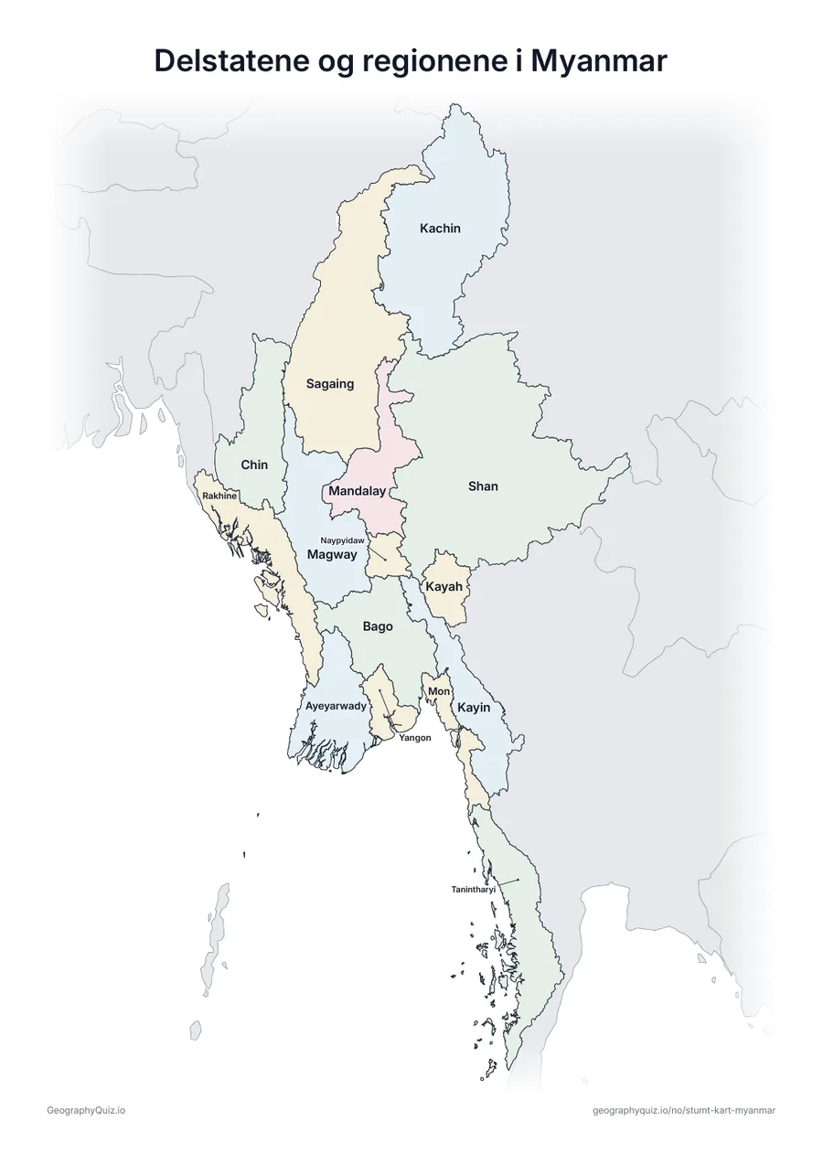 Forhåndsvisning av arbeidsarket «Delstatene og regionene i Myanmar» til utskrift: Et kart over Myanmar med alle navnene skrevet ut – et oversiktsark til undervisningen og til å rette svarene