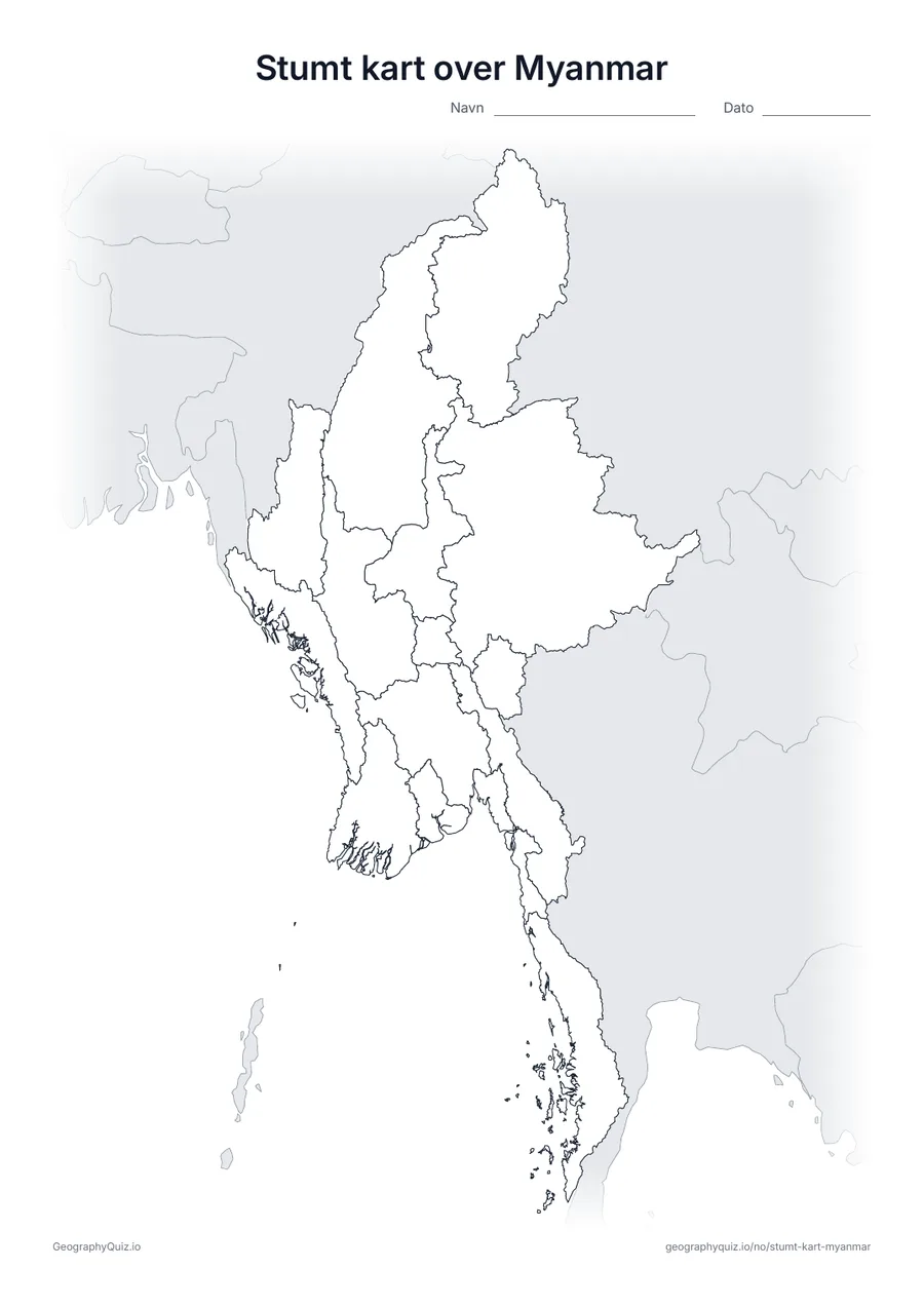 Forhåndsvisning av arbeidsarket: stumt kart – Myanmar