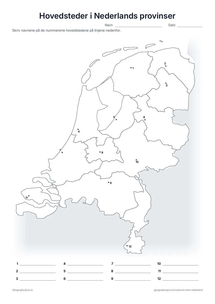 Forhåndsvisning av arbeidsarket «Hovedsteder i Nederlands provinser» til utskrift: Hver hovedstad er markert med et nummerert punkt
