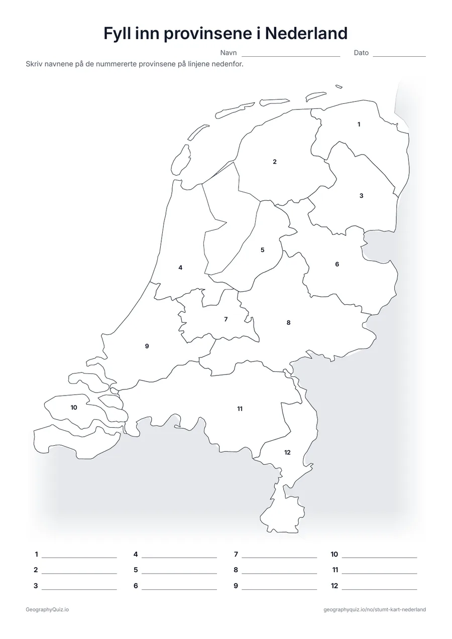 Forhåndsvisning av arbeidsarket «Fyll inn provinsene i Nederland» til utskrift: Alle tolv provinser er nummerert