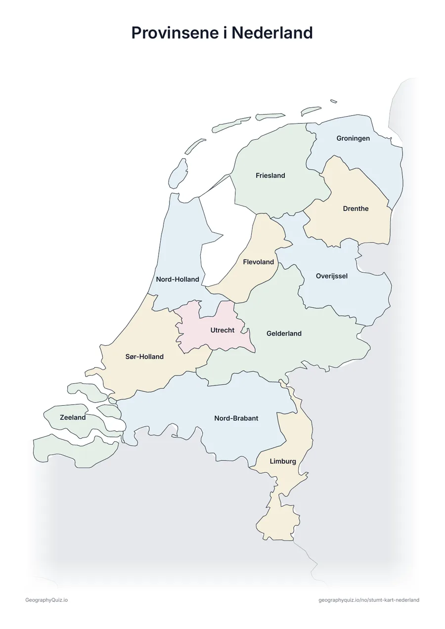 Forhåndsvisning av arbeidsarket «Provinsene i Nederland» til utskrift: Et kart over Nederland med alle navnene skrevet ut – et oversiktsark til undervisningen og til å rette svarene