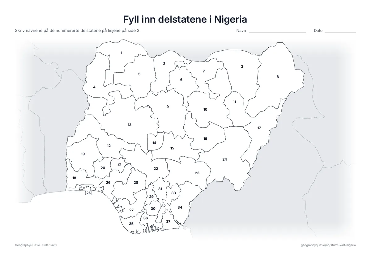 Forhåndsvisning av arbeidsarket «Fyll inn delstatene i Nigeria» til utskrift: Alle 36 delstater og hovedstadsterritoriet er nummerert