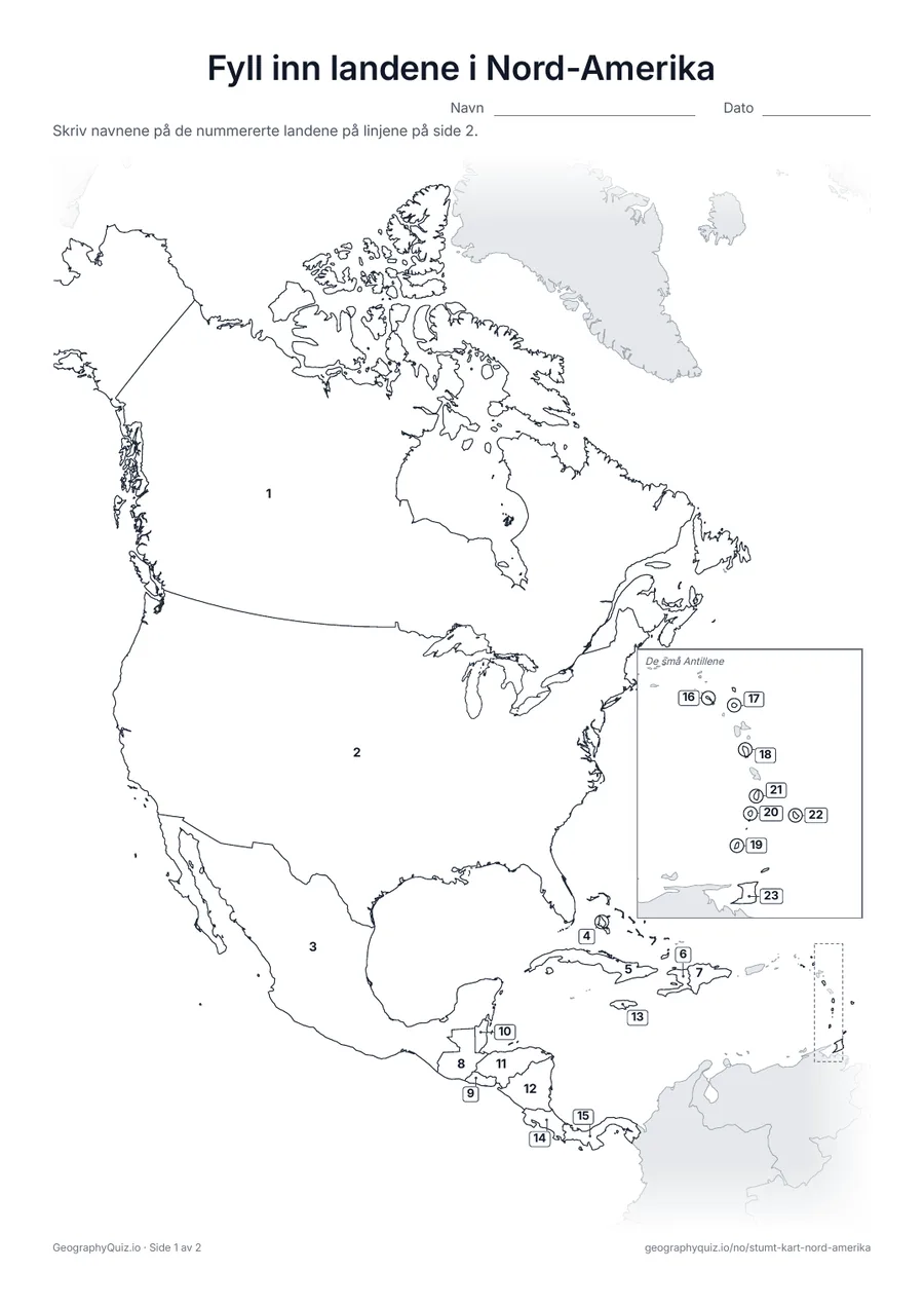Forhåndsvisning av arbeidsarket «Fyll inn landene i Nord-Amerika» til utskrift: Hvert land i Nord-Amerika har et nummer