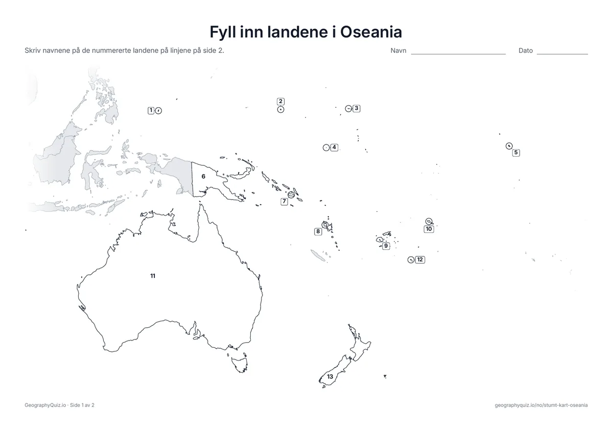 Forhåndsvisning av arbeidsarket «Fyll inn landene i Oseania» til utskrift: Hvert land i Oseania har et nummer