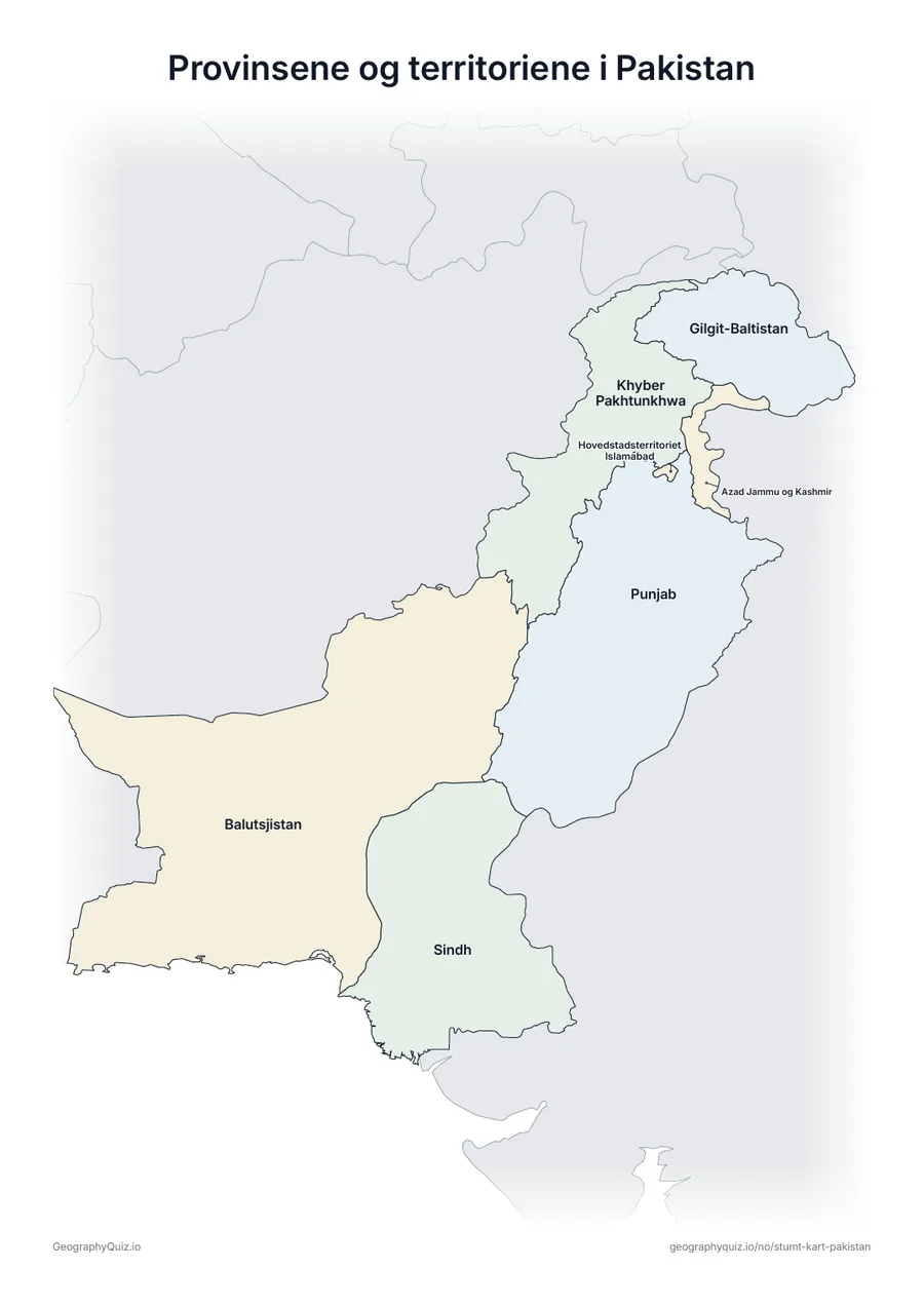 Forhåndsvisning av arbeidsarket «Provinsene og territoriene i Pakistan» til utskrift: Et kart over Pakistan med alle navnene skrevet ut – et oversiktsark til undervisningen og til å rette svarene