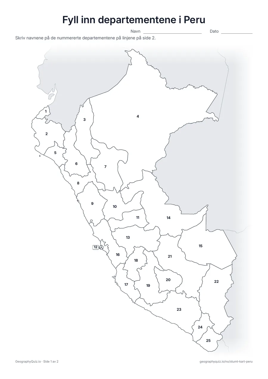 Forhåndsvisning av arbeidsarket «Fyll inn departementene i Peru» til utskrift: Alle 24 departementer og Callao er nummerert