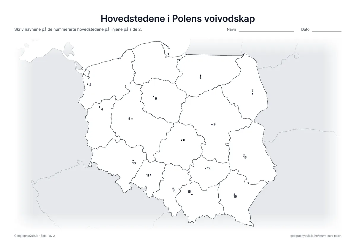 Forhåndsvisning av arbeidsarket «Hovedstedene i Polens voivodskap» til utskrift: Hovedstaden i hvert voivodskap er markert med et nummerert punkt