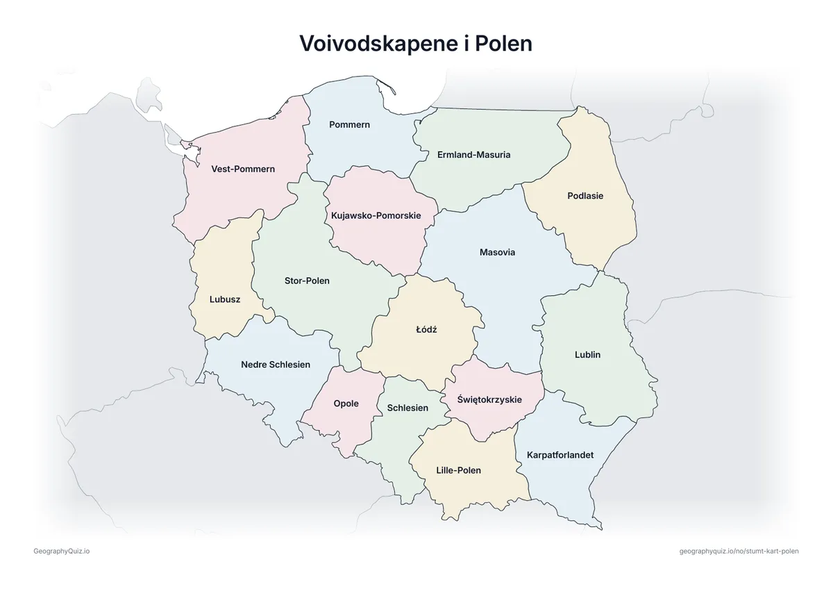 Forhåndsvisning av arbeidsarket «Voivodskapene i Polen» til utskrift: Et kart over Polen med alle navnene skrevet ut – et oversiktsark til undervisningen og til å rette svarene