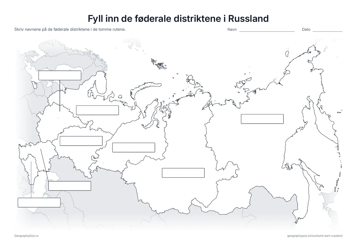 Forhåndsvisning av arbeidsarket «Fyll inn de føderale distriktene i Russland» til utskrift: Alle åtte føderale distrikter er koblet med en strek til hver sin tomme svarrute, som på arket «Fyll inn verdensdelene» blant verdenskartene