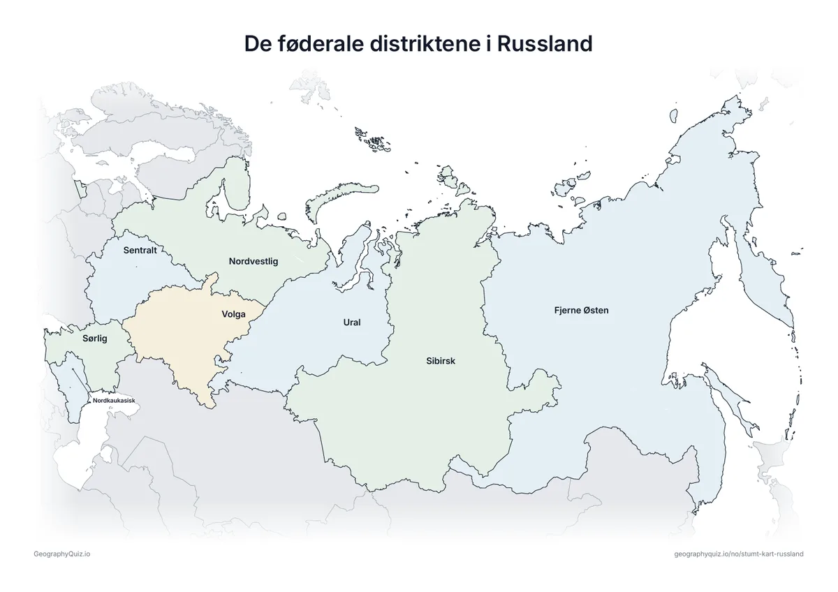 Forhåndsvisning av arbeidsarket «De føderale distriktene i Russland» til utskrift: Et kart over Russland med alle navnene skrevet ut – et oversiktsark til undervisningen og til å rette svarene
