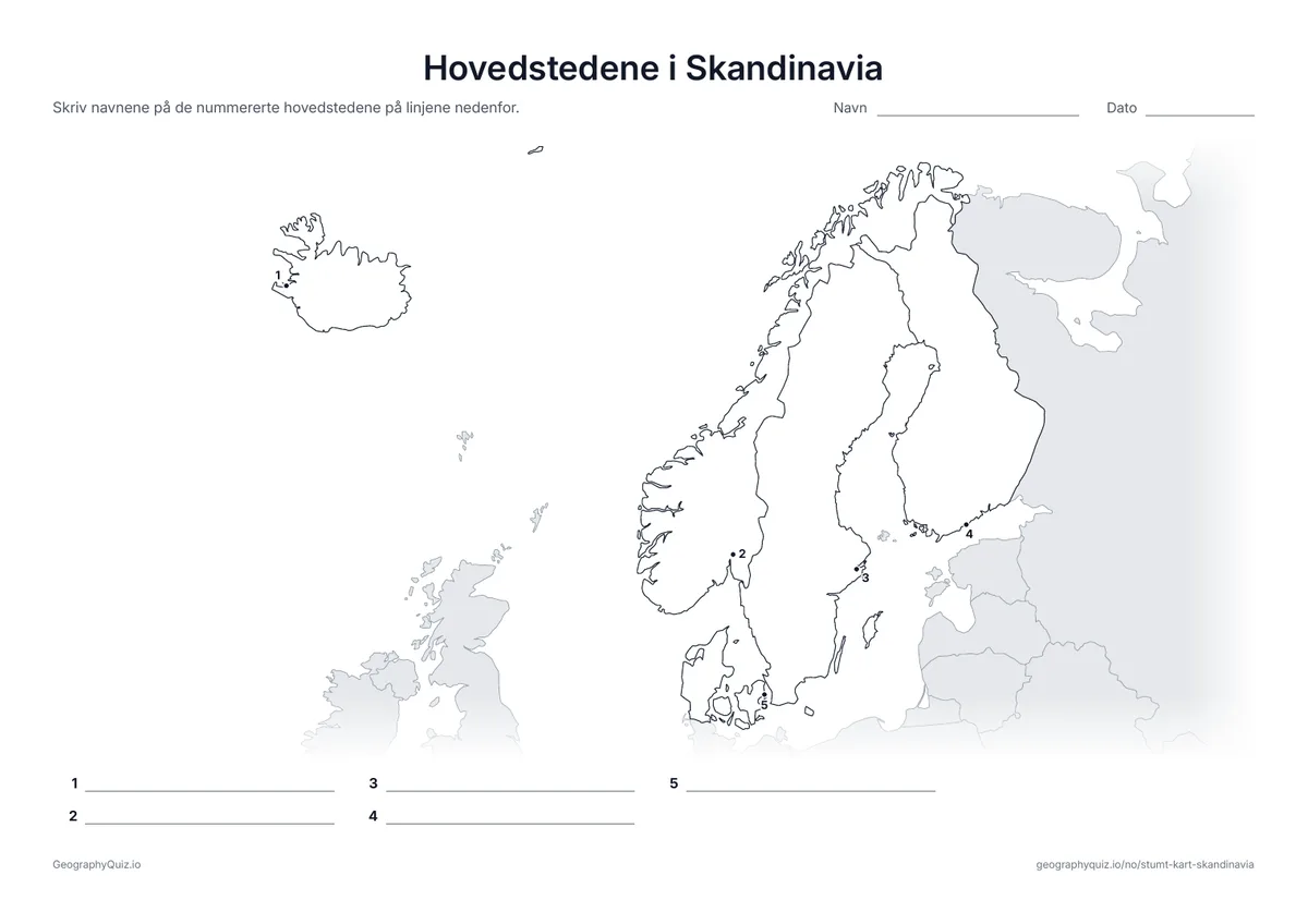 Forhåndsvisning av arbeidsarket «Hovedstedene i Skandinavia» til utskrift: Hver hovedstad er markert med et nummerert punkt