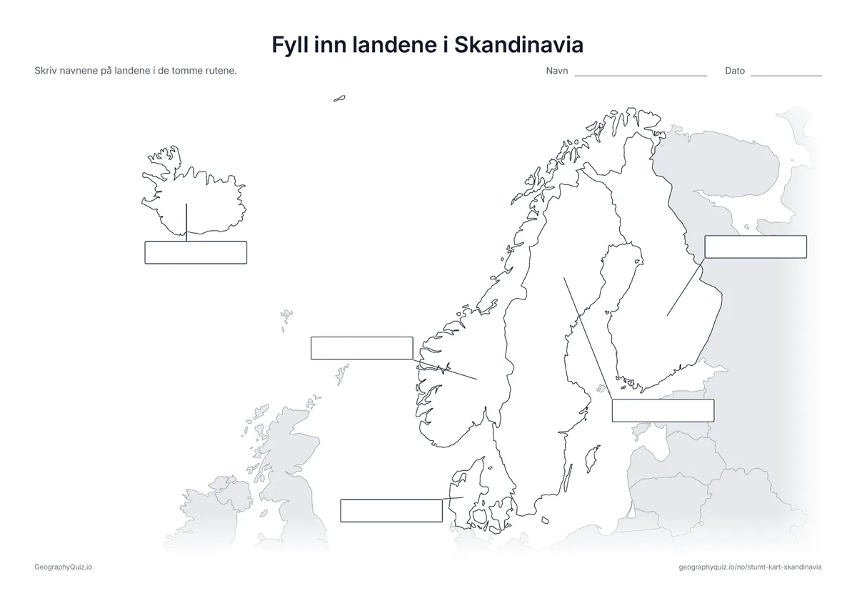 Forhåndsvisning av arbeidsarket «Fyll inn landene i Skandinavia» til utskrift: Alle fem land er koblet med en strek til hver sin tomme svarrute, som på arket «Fyll inn verdensdelene» blant verdenskartene