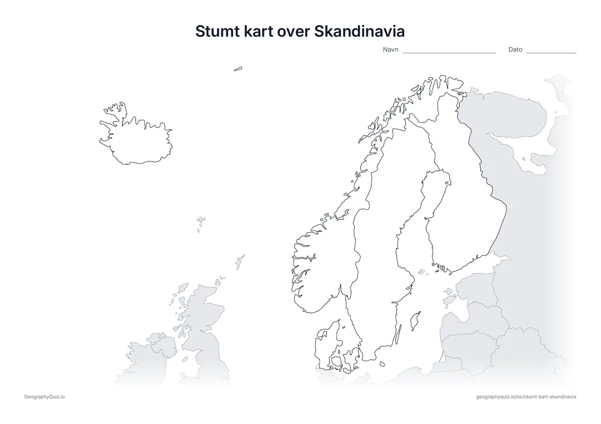 Forhåndsvisning av arbeidsarket: stumt kart – Skandinavia