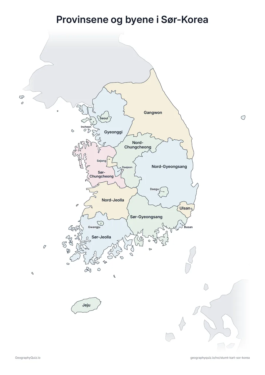 Forhåndsvisning av arbeidsarket «Provinsene og byene i Sør-Korea» til utskrift: Et kart over Sør-Korea med alle navnene skrevet ut – et oversiktsark til undervisningen og til å rette svarene