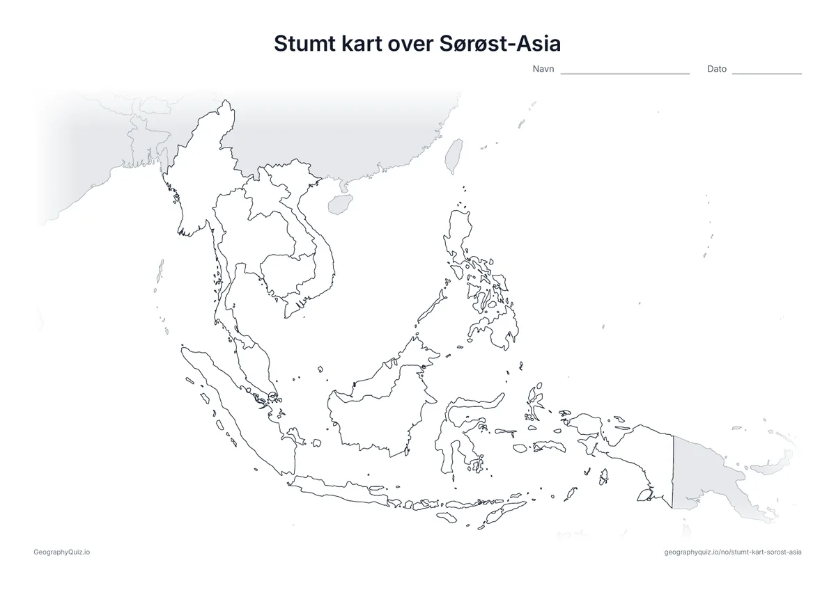 Forhåndsvisning av arbeidsarket: stumt kart – Sørøst-Asia