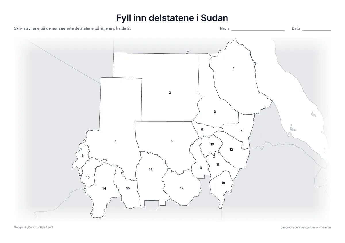 Forhåndsvisning av arbeidsarket «Fyll inn delstatene i Sudan» til utskrift: Alle 18 delstater er nummerert