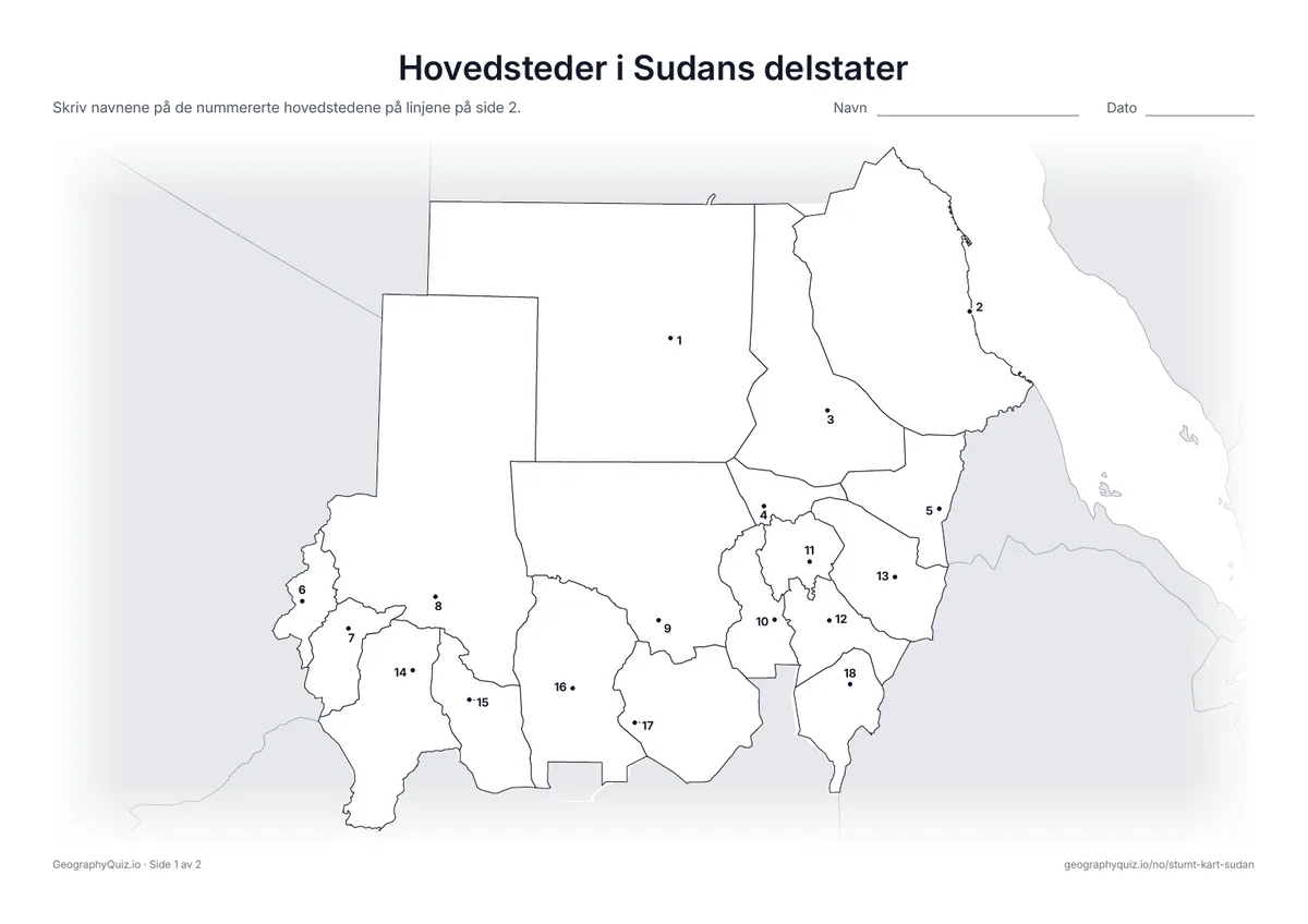 Forhåndsvisning av arbeidsarket «Hovedsteder i Sudans delstater» til utskrift: Hver hovedstad er markert med et nummerert punkt