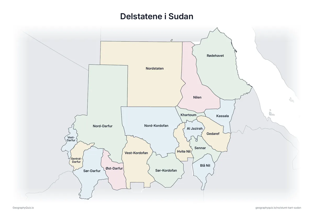 Forhåndsvisning av arbeidsarket «Delstatene i Sudan» til utskrift: Et kart over Sudan med alle navnene skrevet ut – et oversiktsark til undervisningen og til å rette svarene