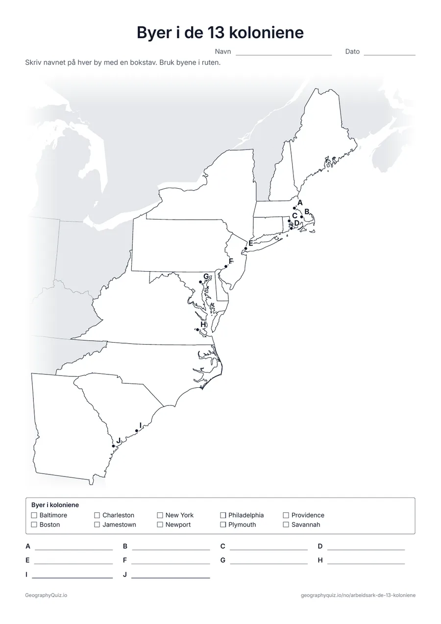 Forhåndsvisning av arbeidsarket «Byer i de 13 koloniene» til utskrift: Ti bokstavpunkter markerer Jamestown, Plymouth, Boston, New York, Philadelphia, Charleston og andre kolonibyer