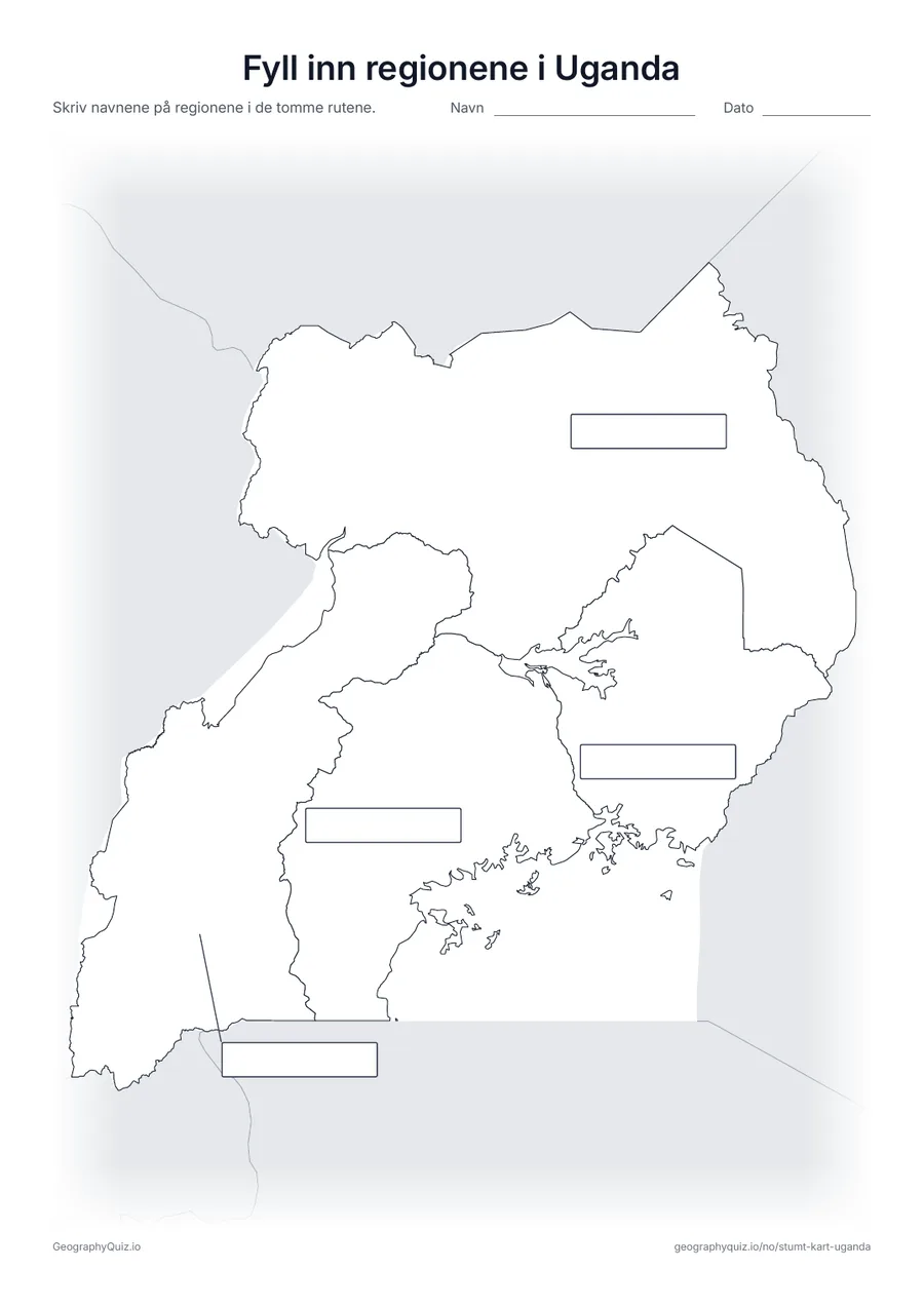 Forhåndsvisning av arbeidsarket «Fyll inn regionene i Uganda» til utskrift: Alle fire regioner er koblet med en strek til hver sin tomme svarrute, som på arket «Fyll inn verdensdelene» blant verdenskartene
