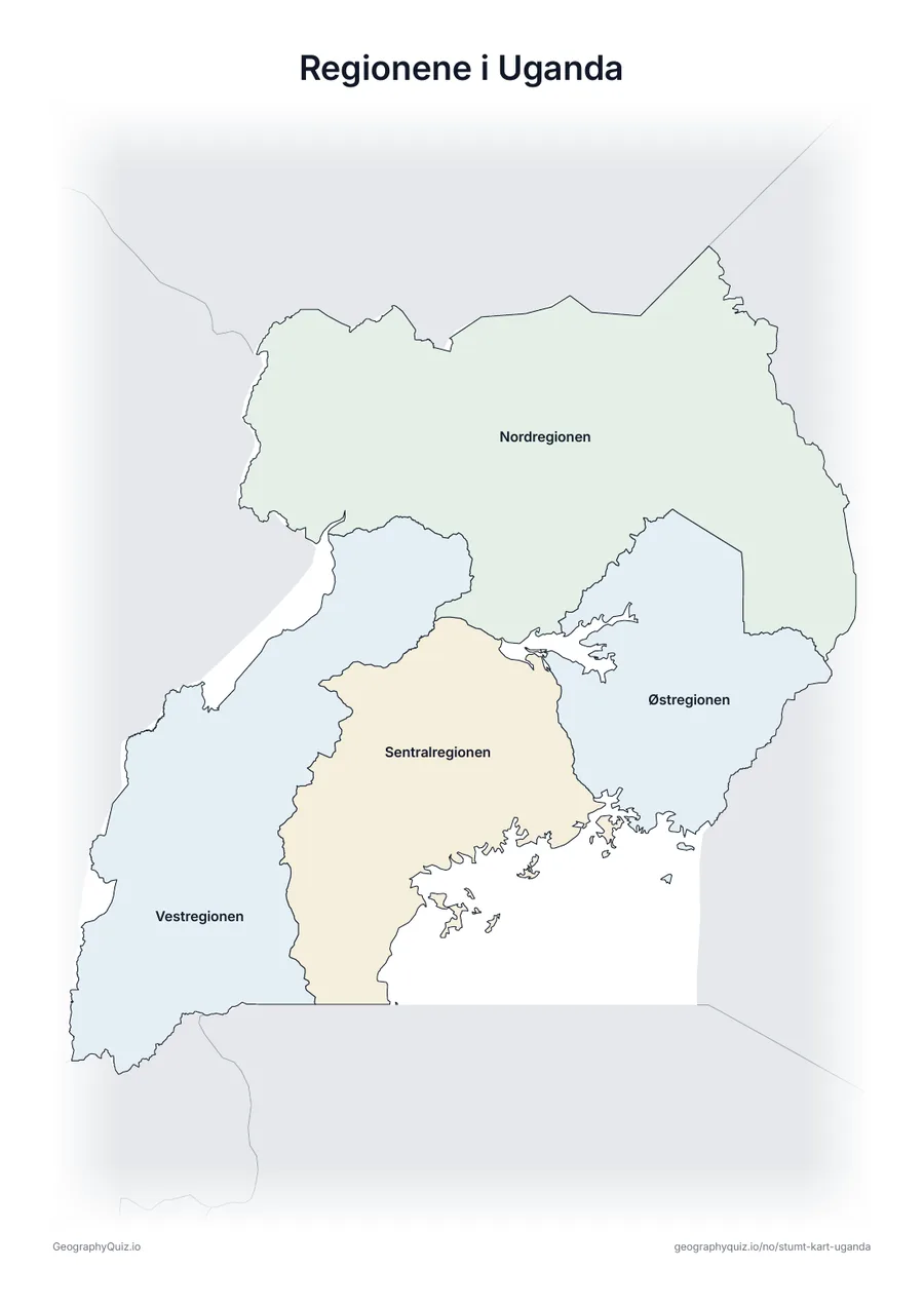 Forhåndsvisning av arbeidsarket «Regionene i Uganda» til utskrift: Et kart over Uganda med alle navnene skrevet ut – et oversiktsark til undervisningen og til å rette svarene
