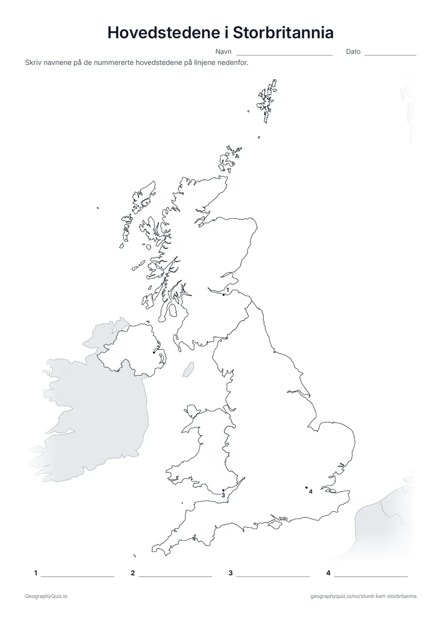Forhåndsvisning av arbeidsarket «Hovedstedene i Storbritannia» til utskrift: London, Edinburgh, Cardiff og Belfast er markert med nummererte punkter