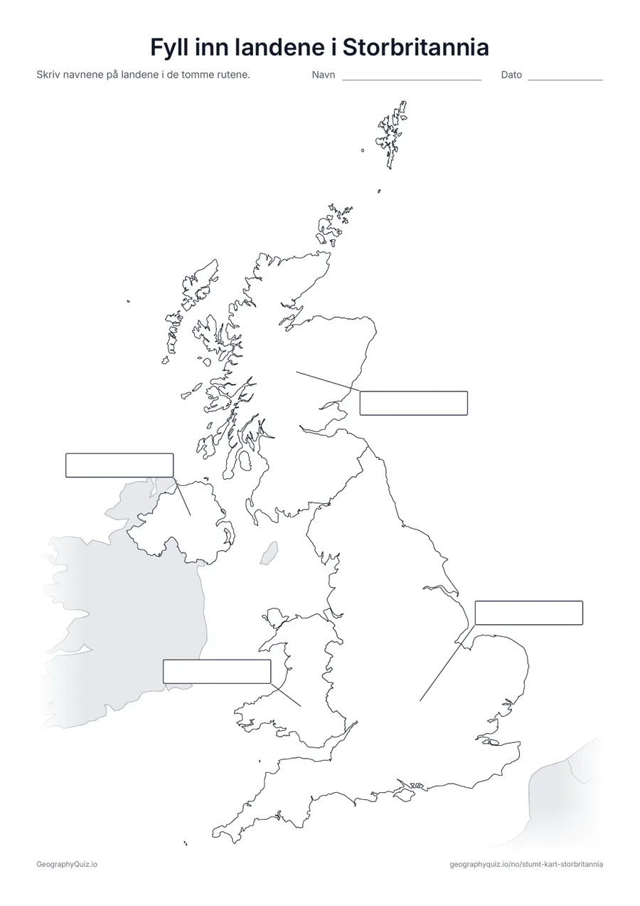 Forhåndsvisning av arbeidsarket «Fyll inn landene i Storbritannia» til utskrift: Alle fire landene er koblet med en strek til hver sin tomme svarrute, som på arket «Fyll inn verdensdelene» blant verdenskartene