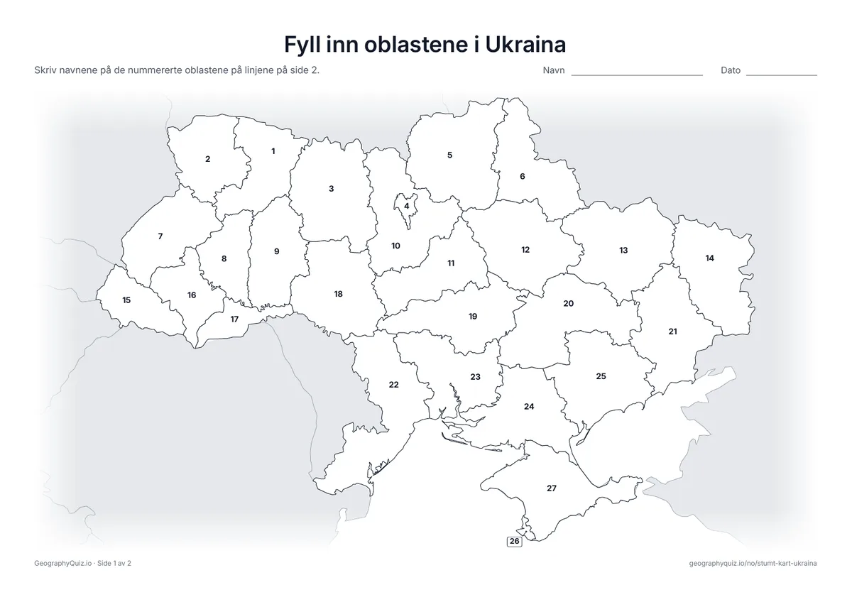 Forhåndsvisning av arbeidsarket «Fyll inn oblastene i Ukraina» til utskrift: Alle 24 oblaster, Krim, Kyiv og Sevastopol er nummerert