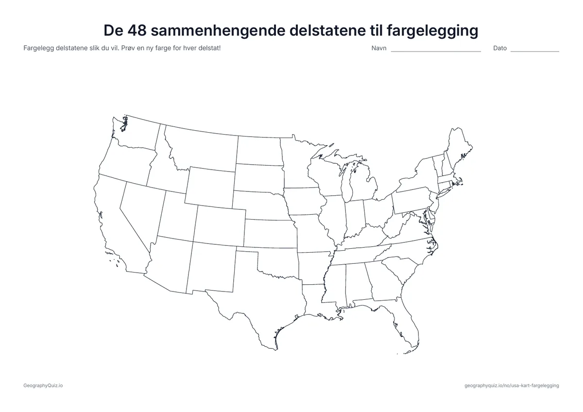 Forhåndsvisning av arbeidsarket «De 48 sammenhengende delstatene til fargelegging» til utskrift: De 48 sammenhengende delstatene i stort format, uten Alaska og Hawaii – mer plass å fargelegge på