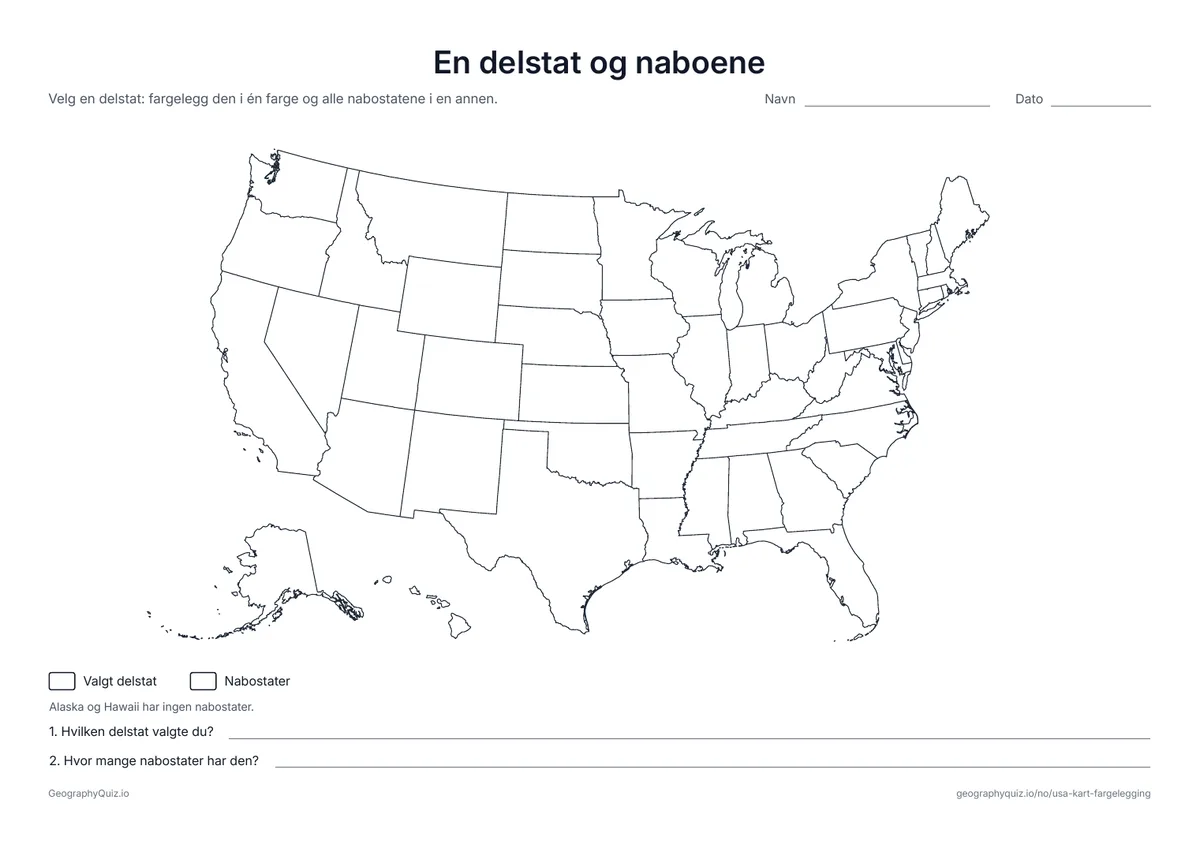 Forhåndsvisning av arbeidsarket «En delstat og naboene» til utskrift: En delstat og alle nabostatene fargelegges, og to spørsmål hører med