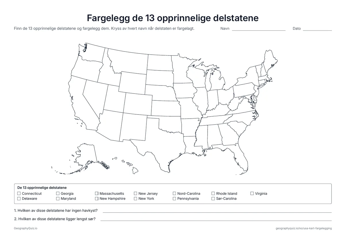 Forhåndsvisning av arbeidsarket «Fargelegg de 13 opprinnelige delstatene» til utskrift: En liste over de 13 delstatene som vokste fram av britiske kolonier