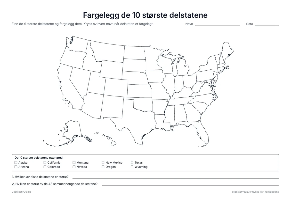 Forhåndsvisning av arbeidsarket «Fargelegg de 10 største delstatene» til utskrift: En liste over de ti delstatene med størst areal