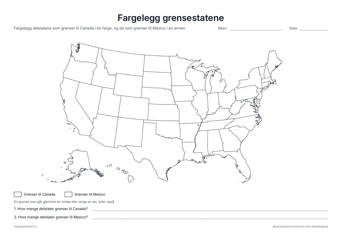 Forhåndsvisning av arbeidsarket «Fargelegg grensestatene» til utskrift: Delstatene som grenser til Canada og til Mexico, fargelegges og telles