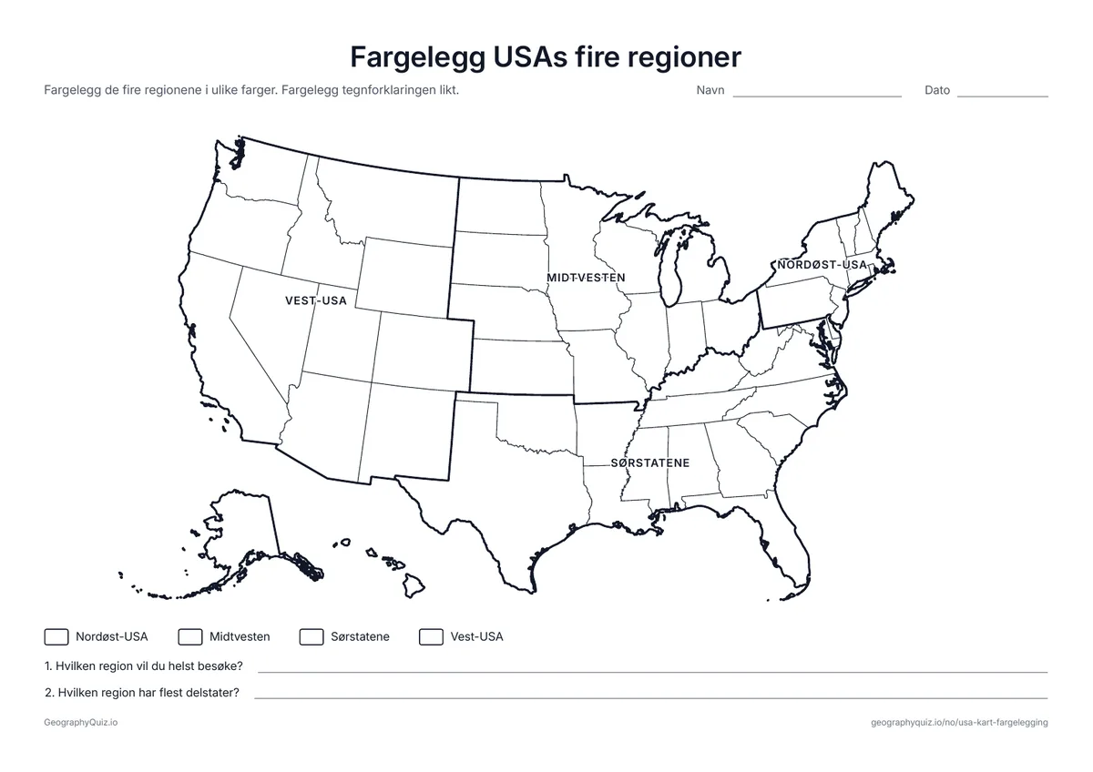 Forhåndsvisning av arbeidsarket «Fargelegg USAs fire regioner» til utskrift: Tykke linjer deler kartet i Nordøst-USA, Midtvesten, Sørstatene og Vest-USA